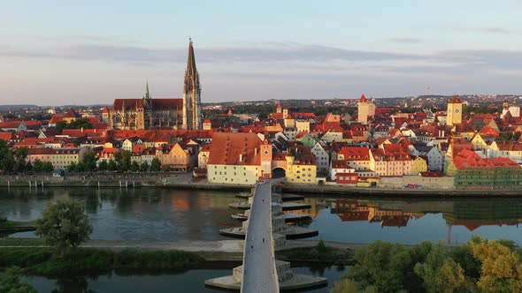 Drone shot of Regensburg historical center, UNSECO world heritage site