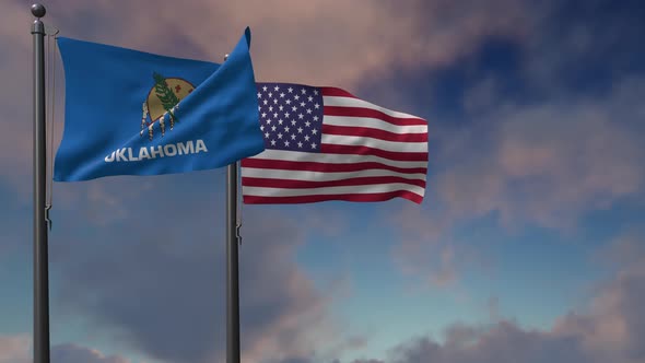 Oklahoma State Flag Waving Along With The National Flag Of The USA - 4K
