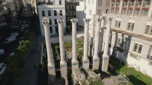 Roman temple ruins of Cordoba in Spain. Aerial circling