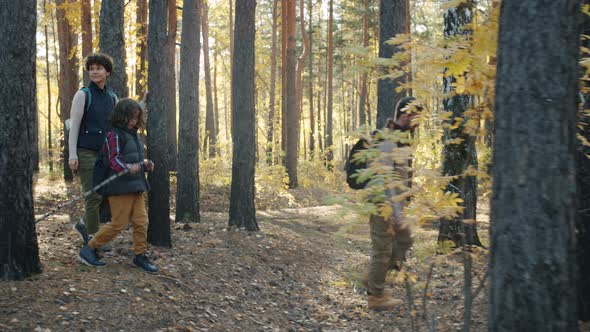 Mom Dad and Little Boy with Backpacks Walking in Forest Together Chatting and Having Fun