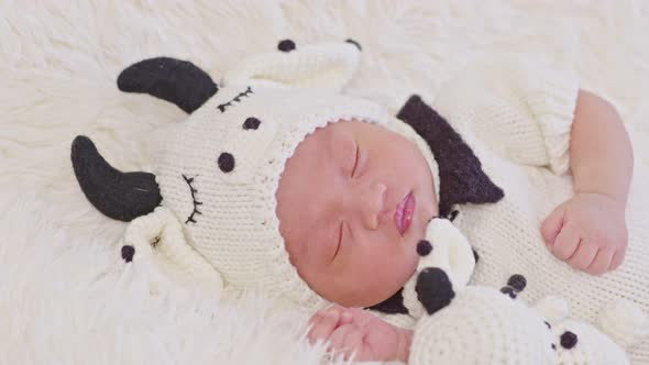 happy newborn baby wearing cute cow costume lying sleep on white background