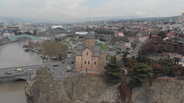 Aerial view of Metekhi church in the center of Tbilisi, Georgia