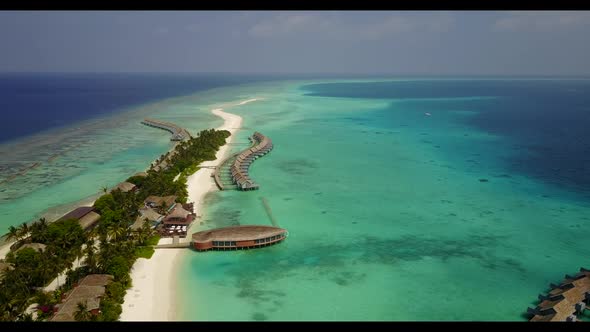 Aerial drone view texture of tranquil island beach break by transparent water and white sand backgro