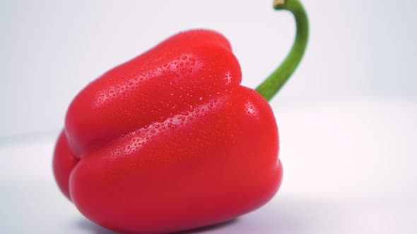 Red fresh sweet bell pepper (paprika) rotates on a white background, covered by small water drops, h