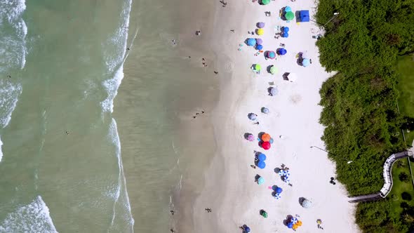 Aerial top down shot of the sea on the left and Bombinhas beach on the right of the frame