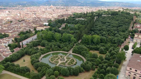 Flying over Boboli gardens in Florence, Tuscany, Italy, Europe