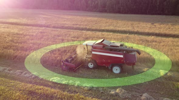 Animation of self driving, autonomous farm agricultural combine harvester working in field.