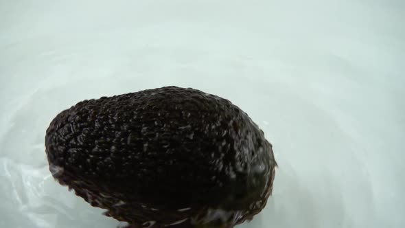 Rotating ripe avocado in water on a white background. Slow motion.