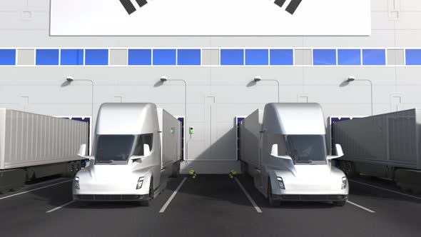 Trailer Trucks at Warehouse with Flag of South Korea alt