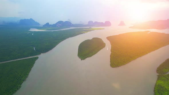 An aerial view over a large mangrove forest at Phang Nga Bay.