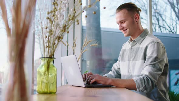 In Modern Coffee Shop Charismatic Large Smile Man