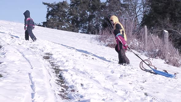 winter snow sledding downhill children and mother with sledge in the snow having a great time stock