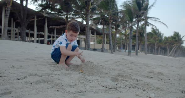 Kid Builds a Pyramid with His Hands From Sand Little Boy Plays with Sand Against the Background of