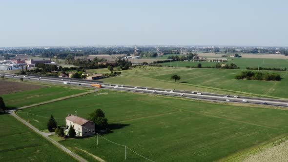 aerial view of highway with flowing traffic