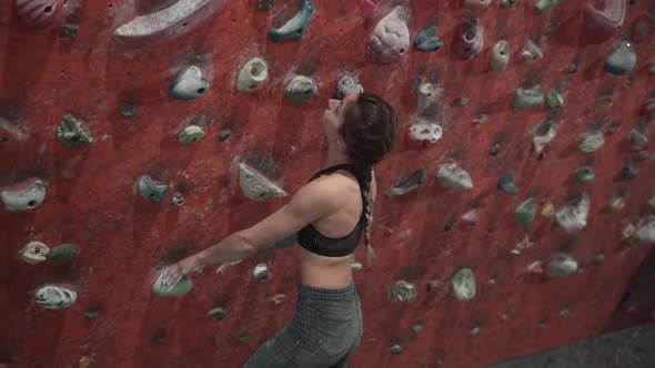 Sporty woman climbing on wall in gym