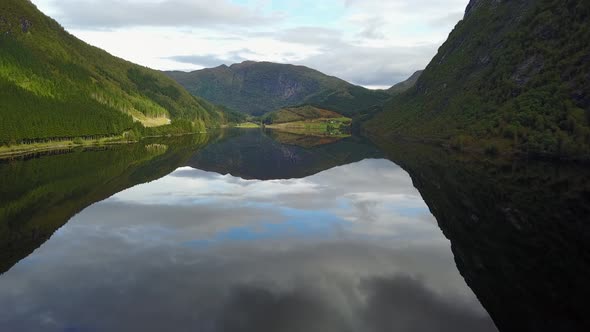 Geiranger Fjord and Lovatnet Lake Aerial View in Norway