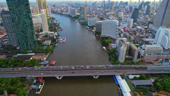 Aerial view over Bangkok city and Chao phraya river