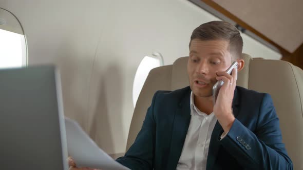 Happy Mature Businessman Talk By Phone Partner Connection Aircraft Jet Travel