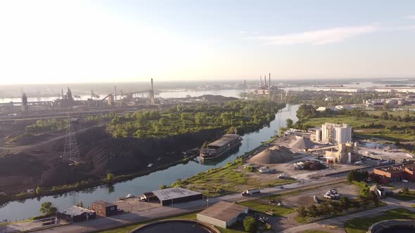 River By A Water Treatment Facility At Zug Island, Detroit MIchigan - aerial shot