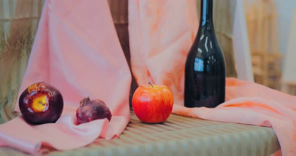 Apples and a Bottle Standing on the Table a Stilllife of the Artist in Natural Form