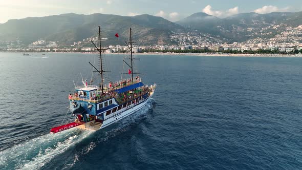 The Pirates yacht calls at the port aerial view 4 K Turkey Aanya