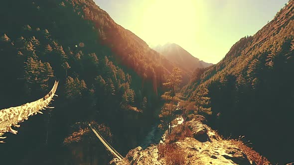 Largest Suspension Bridge in Khumbu Valley with Colorful Tibetan Prayer Flags