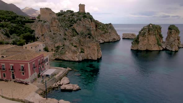 Scopello Coast Sicily Italy on a Cloudy Day Aerial View at the House and the Coast of Sicily