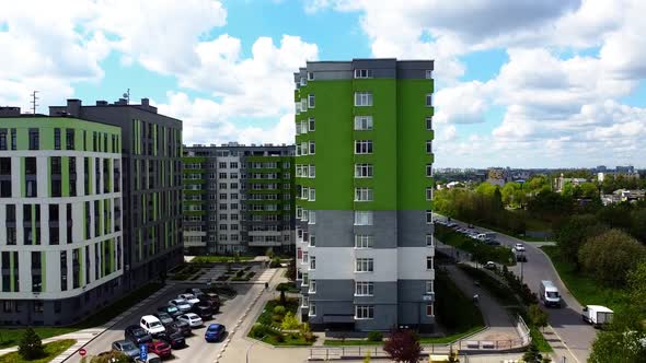 Aerial drone view of a flying over the modern residential building.