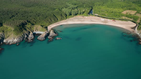 Drone flight above a picturesque rocky coastline