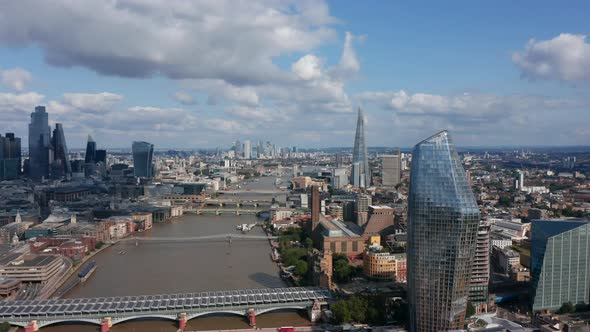 Fly Around One Blackfriars Tall Building on Bank of River Thames