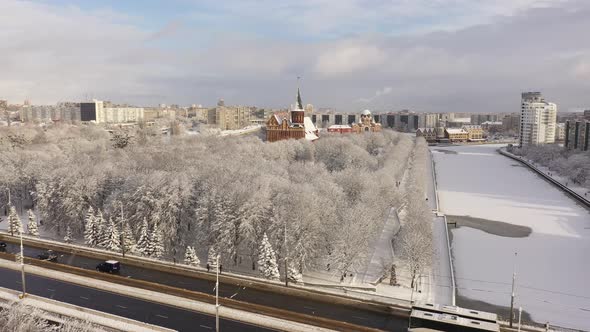 Aerial: The Cathedral of Kaliningrad in the wintertime