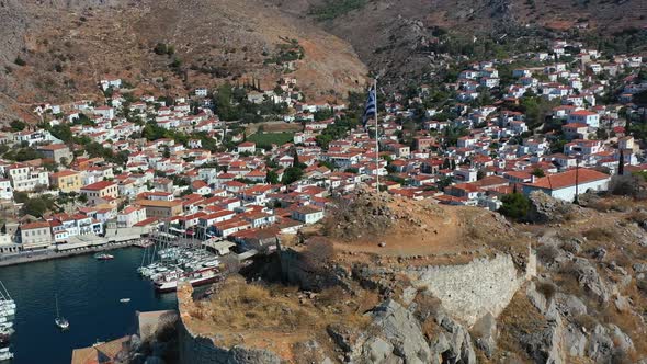 Aerial View of Hydra Old Town and Marina or Seaport Greece  Drone Videography