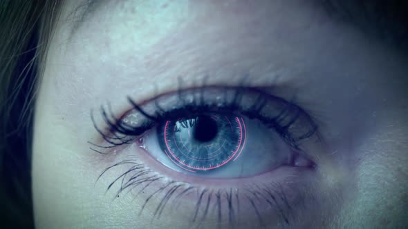 Brown Eye Girl with Futuristic Software Interface. Close Up