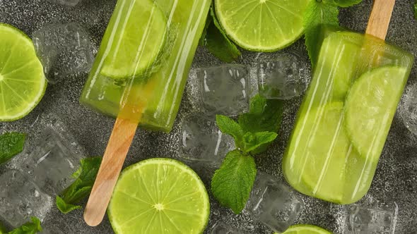 Frozen fruit juice popsicles with fresh lime slices, green mint leaves and ice cubes