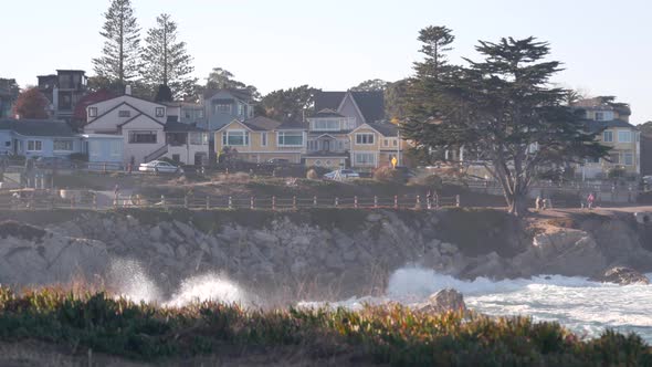 Rocky Ocean Beach Waves Crashing Monterey California Coast Beachfront Houses