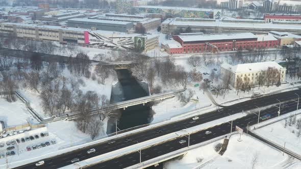 Bridge on the Svisloch River and the Road Through It with Cars in Winter