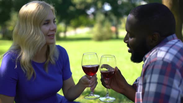 Couple Clinking Glasses and Drinking Red Wine in Park, Relaxing, Outdoor Date