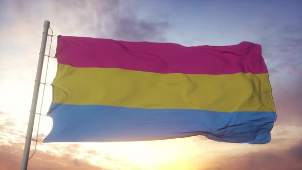 Pansexuality Pride Flag Waving in the Wind Sky and Sun Background