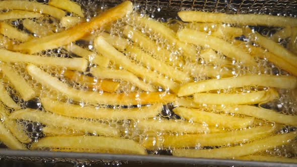 Close Up of French Fries is Cooking Into Deep Fryer