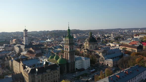 Aerial Video of Uspinska Church in in Central Part of Old City of Lviv, Ukraine