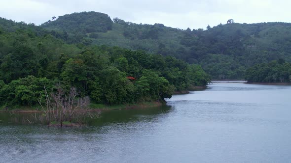 Aerial view on a lake among mountain in the area of the dam. Landscape of Green canyon Aerial view