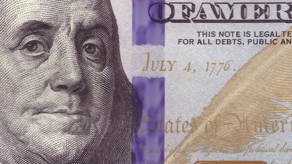 Cash american hundred dollars macro view. 100 USD close-up motion background