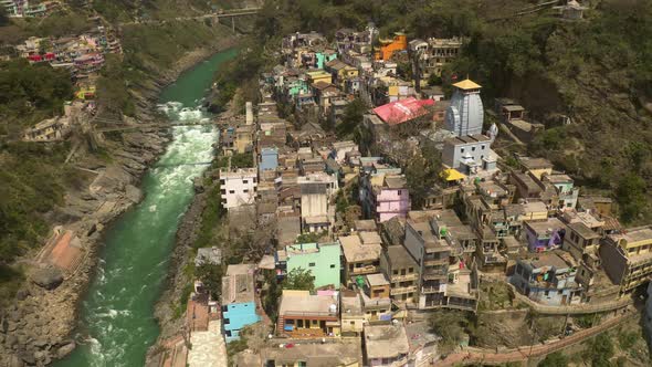 Devprayag, India, alakananda and bhagirathi holy rivers mix to become ganges, 4k aerial drone view