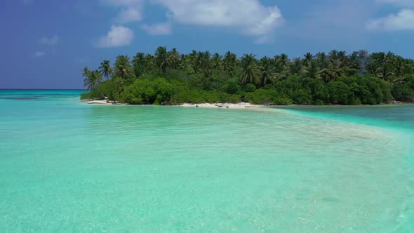 Aerial above panorama of relaxing coast beach time by shallow sea with white sand background of a da