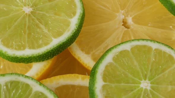 Lemon Slices with One Cut Lime Slice Closeup, Macro Food Summer Background