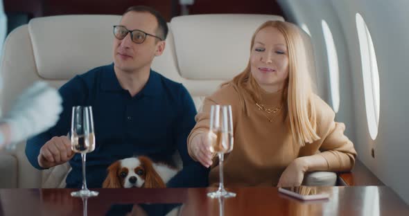 Flight Attendant in Private Jet Serving Champagne Glasses for Happy Couple with Dog