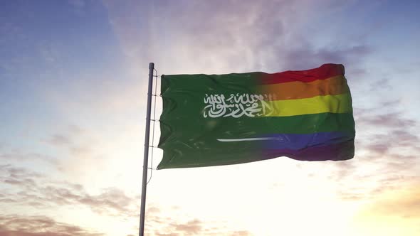 Waving National Flag of Saudi Arabia and LGBT Rainbow Flag Background