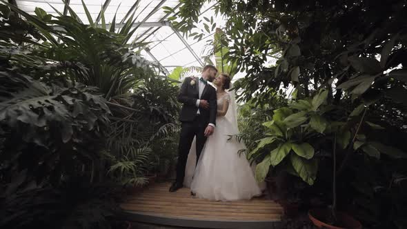 Newlyweds. Caucasian Groom with Bride in the Park. Wedding Couple. Happy Family