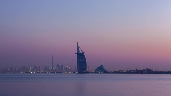 Stunning View of Dubai Skyline From Jumeirah Beach To Downtown at Sunrise.