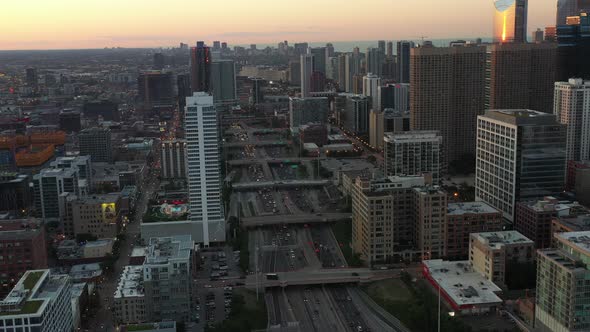 Chicago West Loop at Sunset - Aerial View